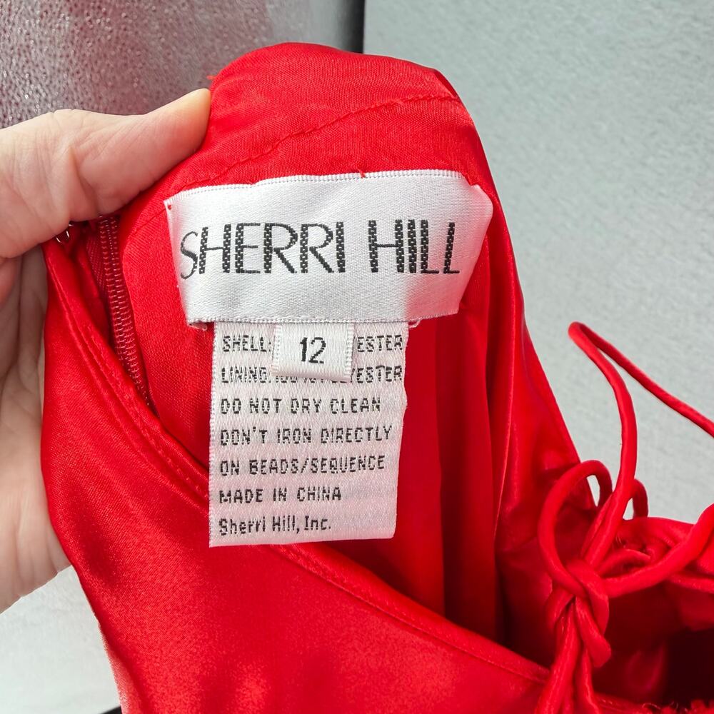 Sherri Hill Red Satin Strappy Lace Up Back Valentines A-Line Formal Prom Dress - Picture 12 of 13